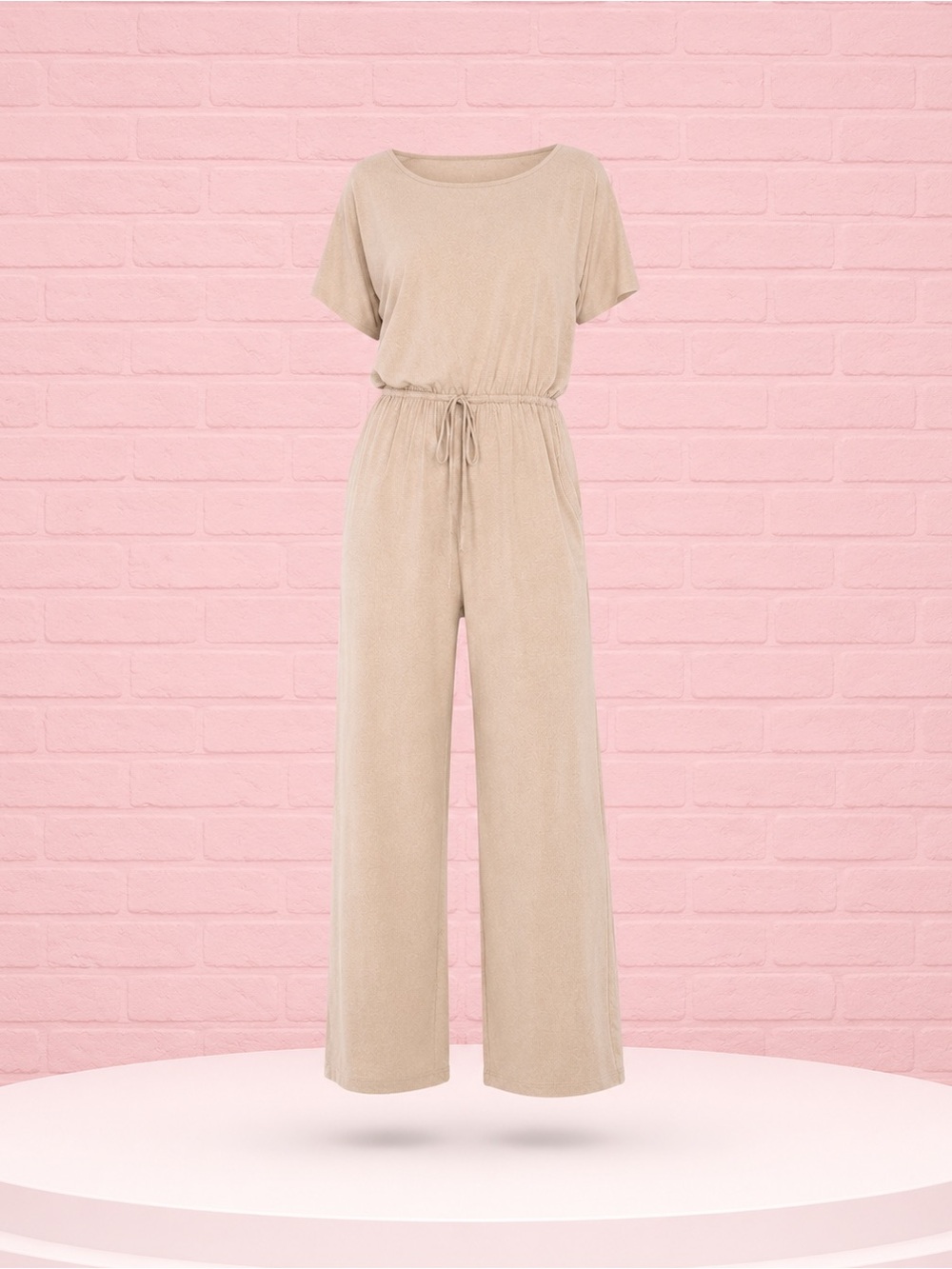 Zenana Beige Taupe Wide Leg Jumpsuit L Drawstring Waist Pockets Lounge